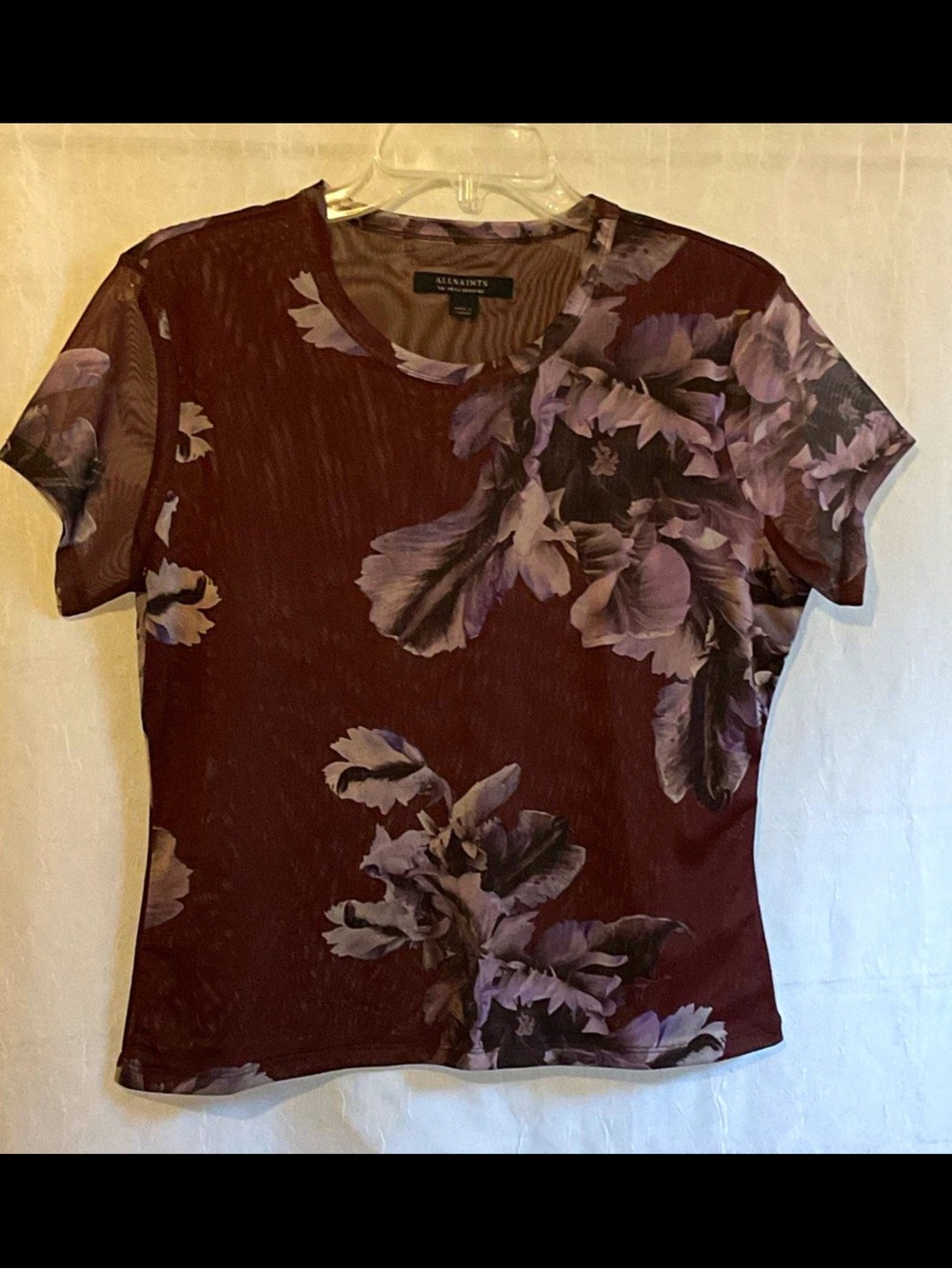 ALLSAINTS Women's Ellie Mesh Tee Sheer Stretch Round Neck Top Brown Purple US 10